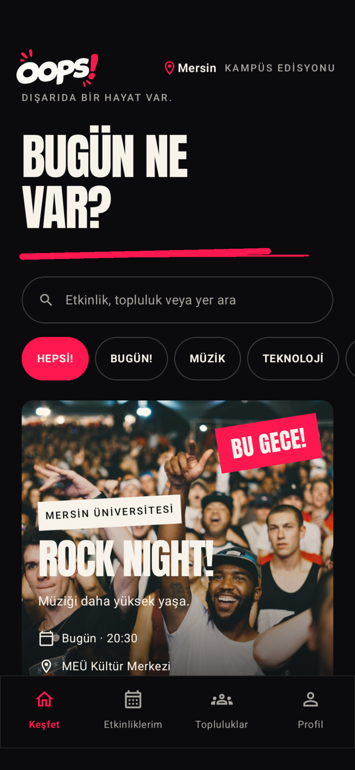 Oops! Keşfet ekranı: Rock Night etkinliği